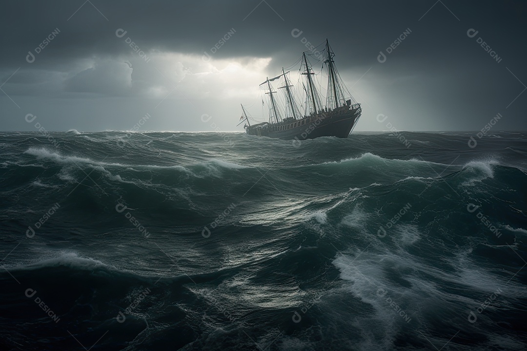 Tempestade furiosa sobre o mar no caos.