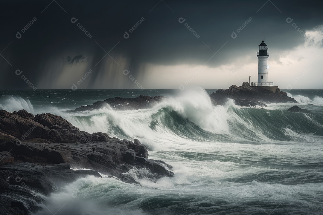 Tempestade do mar nuvens escuras, raio, farol solitário. Ondas agitadas sob o céu ameaçador. (2)