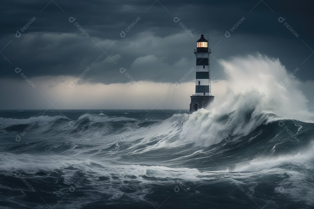 Tempestade do mar nuvens escuras, raio, farol solitário. Ondas agitadas sob o céu ameaçador. (3)