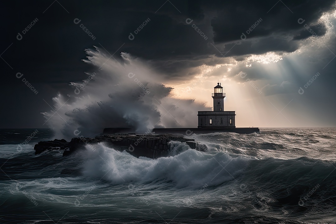 Tempestade do mar nuvens escuras, raio, farol solitário. Ondas agitadas sob o céu ameaçador.