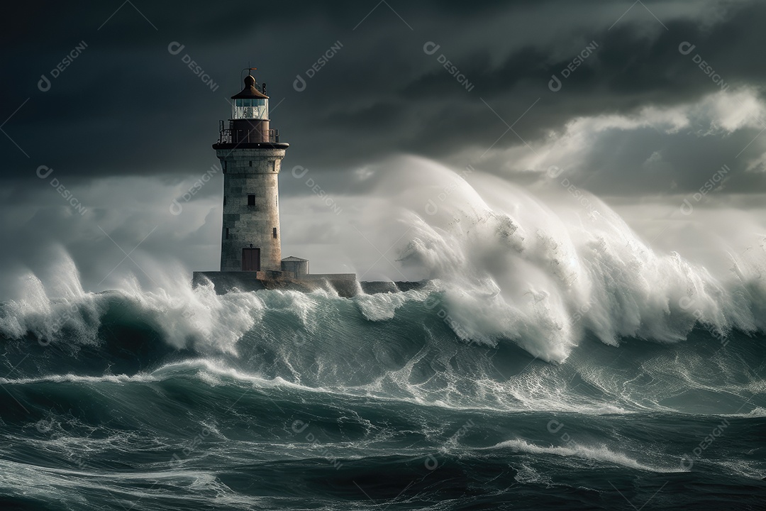 Tempestade furiosa no mar, farol solitário