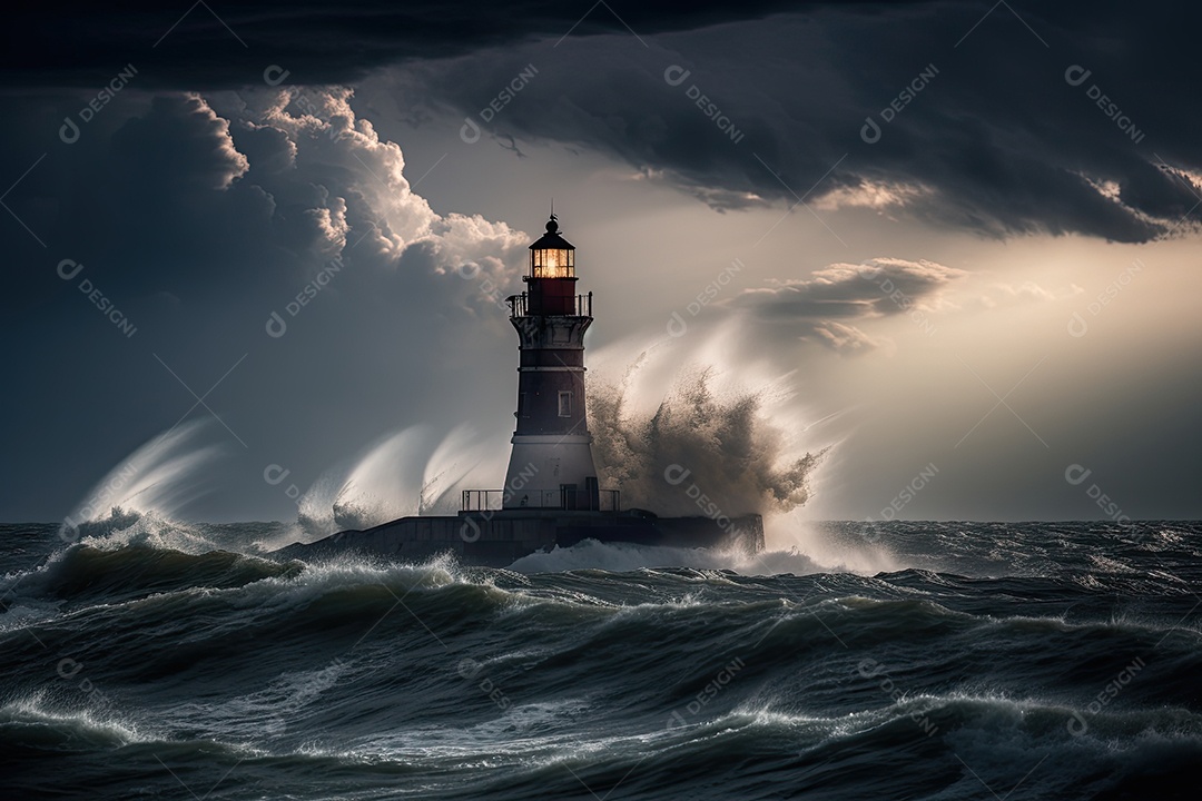 Tempestade furiosa no mar, farol solitário.