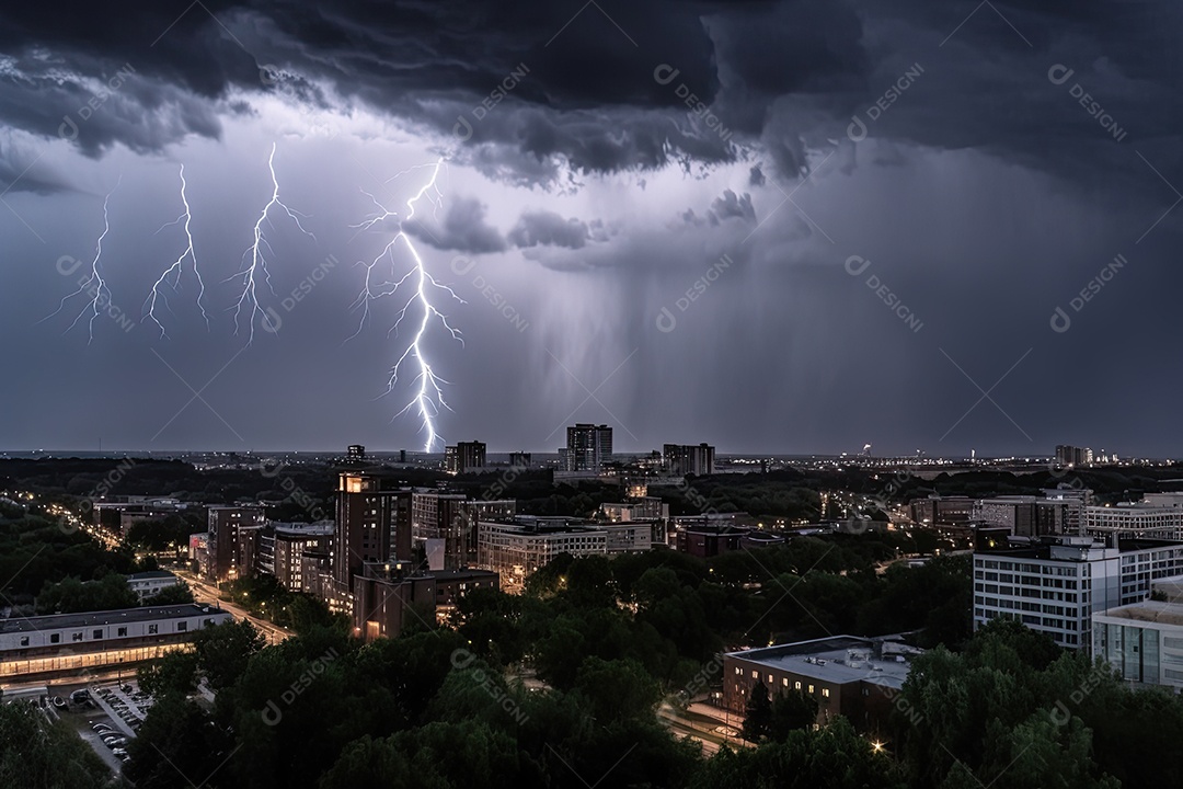 Cidade resiliente sob tempestade furiosa.