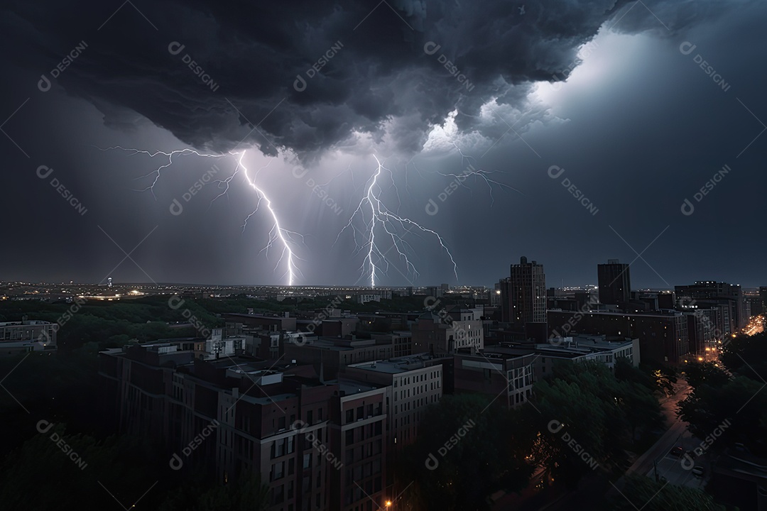 Cidade resiliente sob tempestade furiosa.