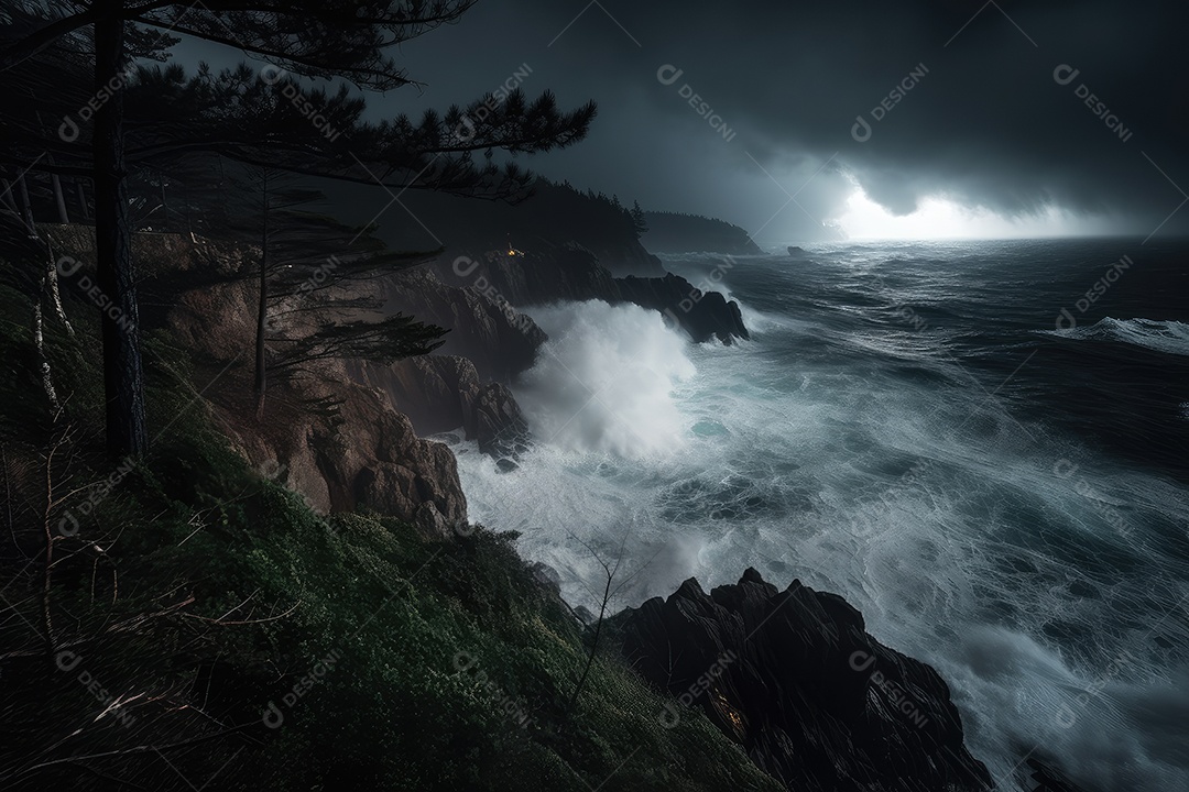 Fierce tempestade oceano áspero, raios e navios em perigo.