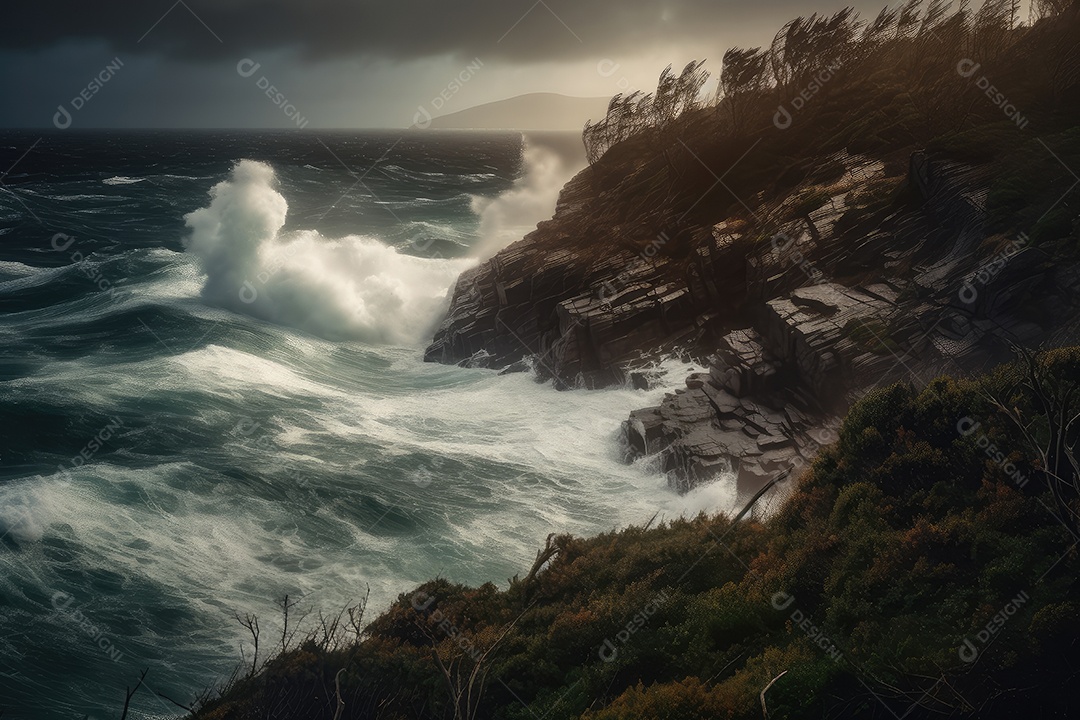 Fierce tempestade oceano áspero, raios e navios em perigo