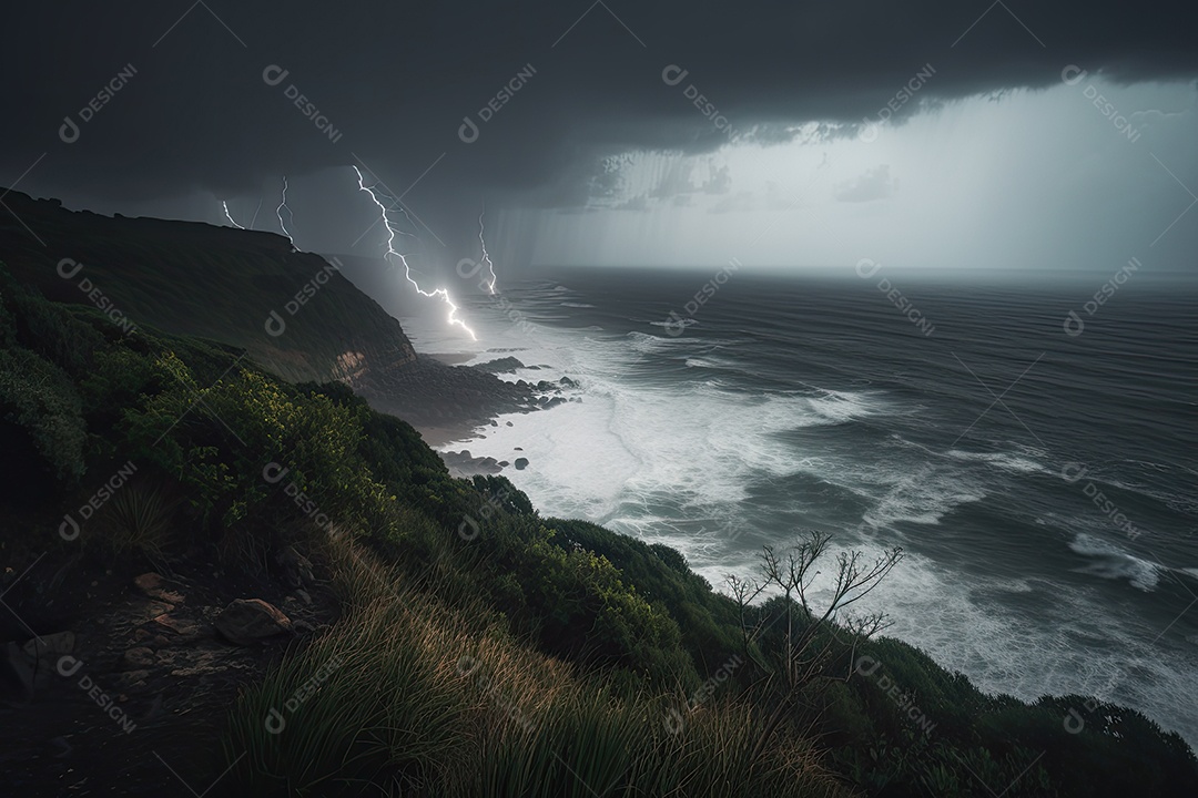 Fierce tempestade oceano áspero, raios e navios em perigo.