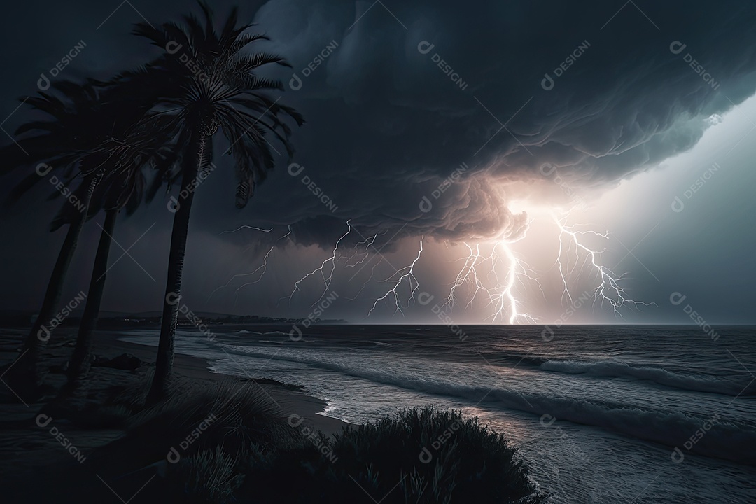 Fierce tempestade à beira -mar nuvens escuras, raios e mar áspero