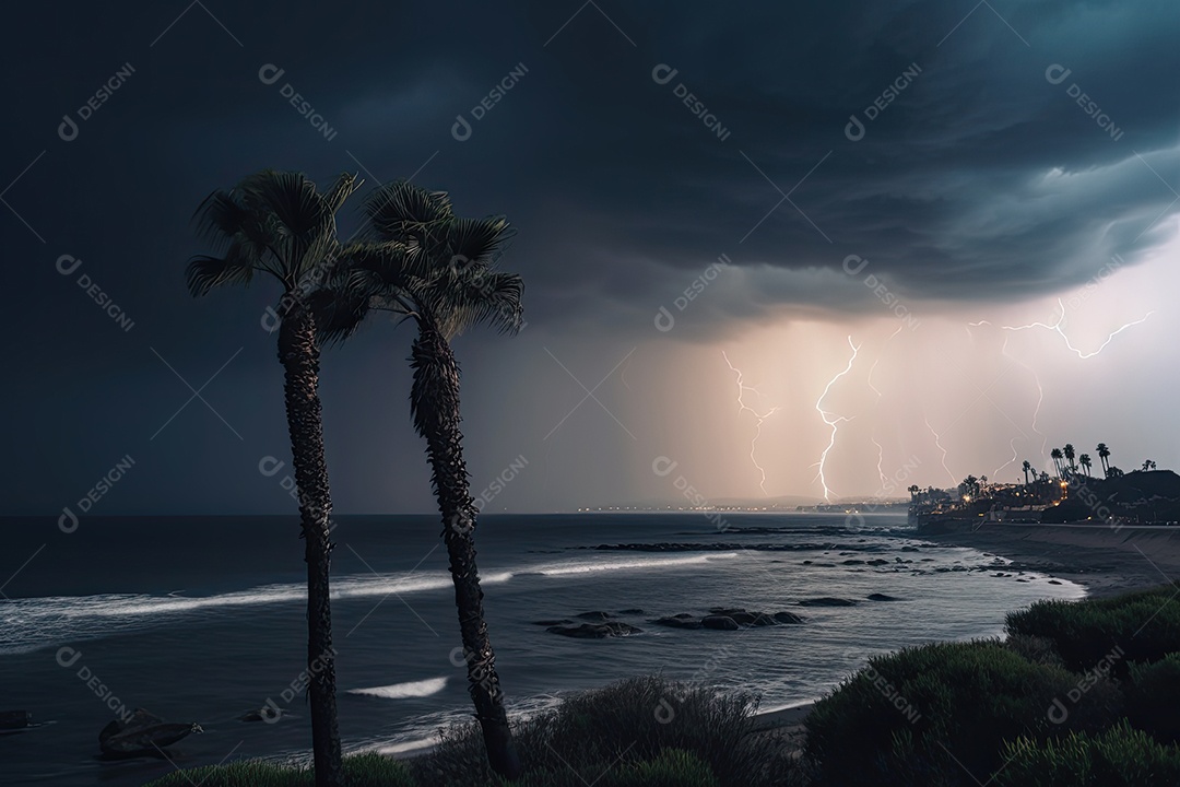 Fierce tempestade à beira -mar nuvens escuras, raios e mar áspero