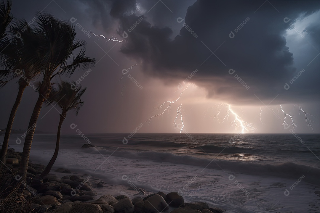 Fierce tempestade à beira -mar nuvens escuras, raios e mar áspero