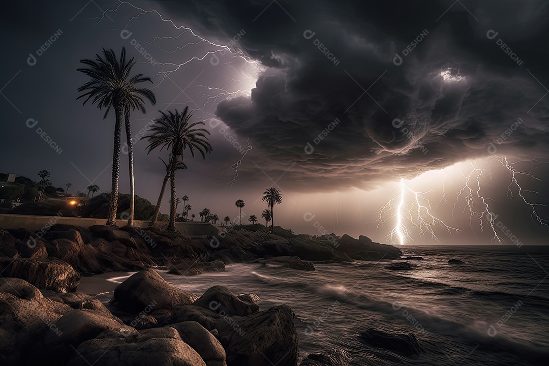 Fierce tempestade à beira -mar nuvens escuras, raios e mar áspero.