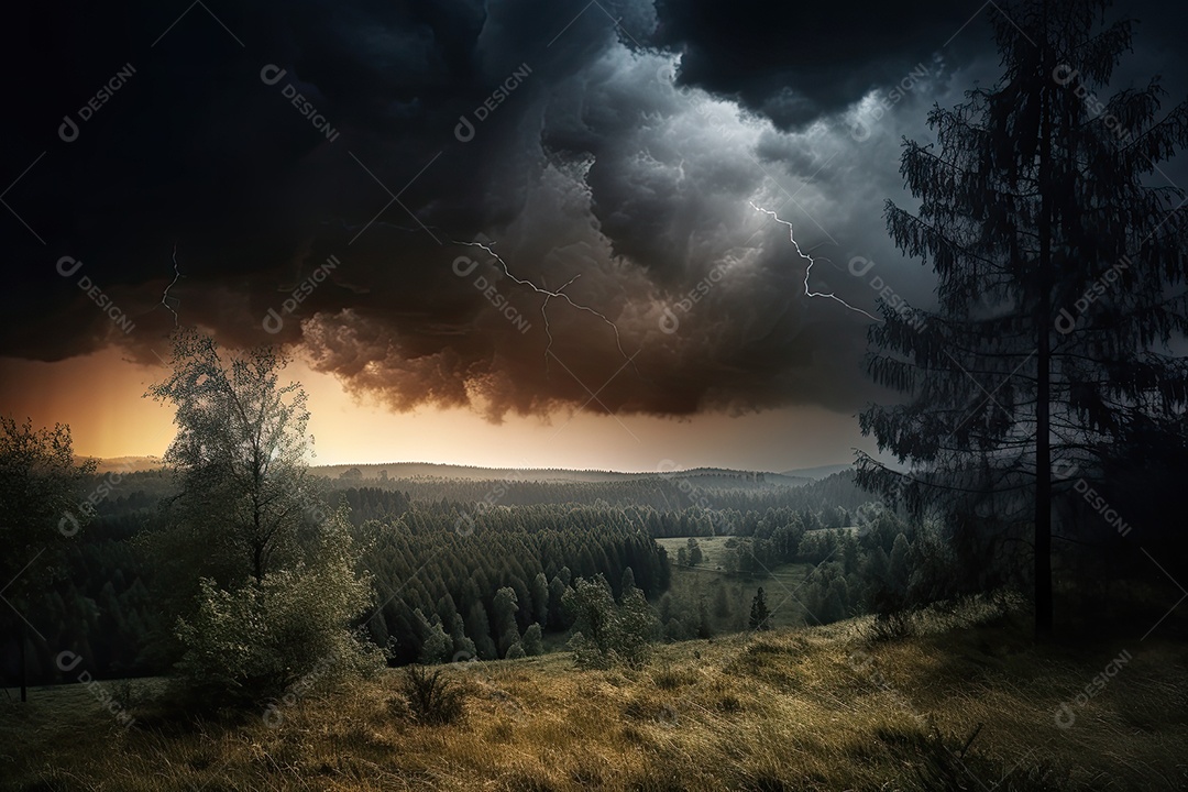 Fierce Storm céu escuro, raio e mar áspero