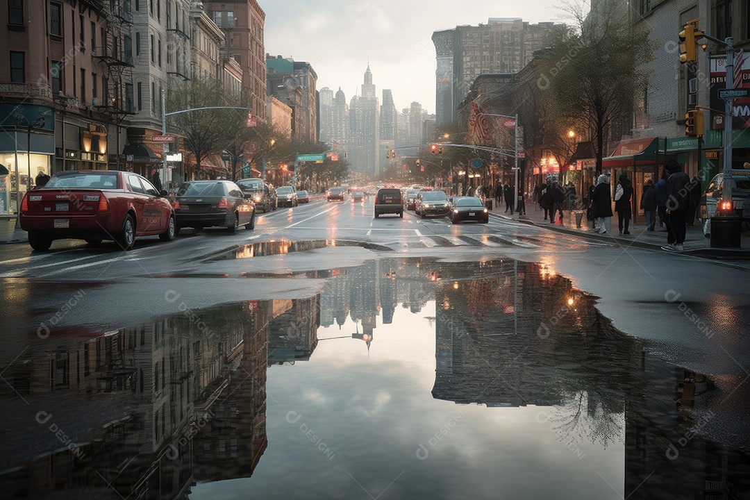 Cidade brilhante sob chuva noturna, reflexões vibrantes.