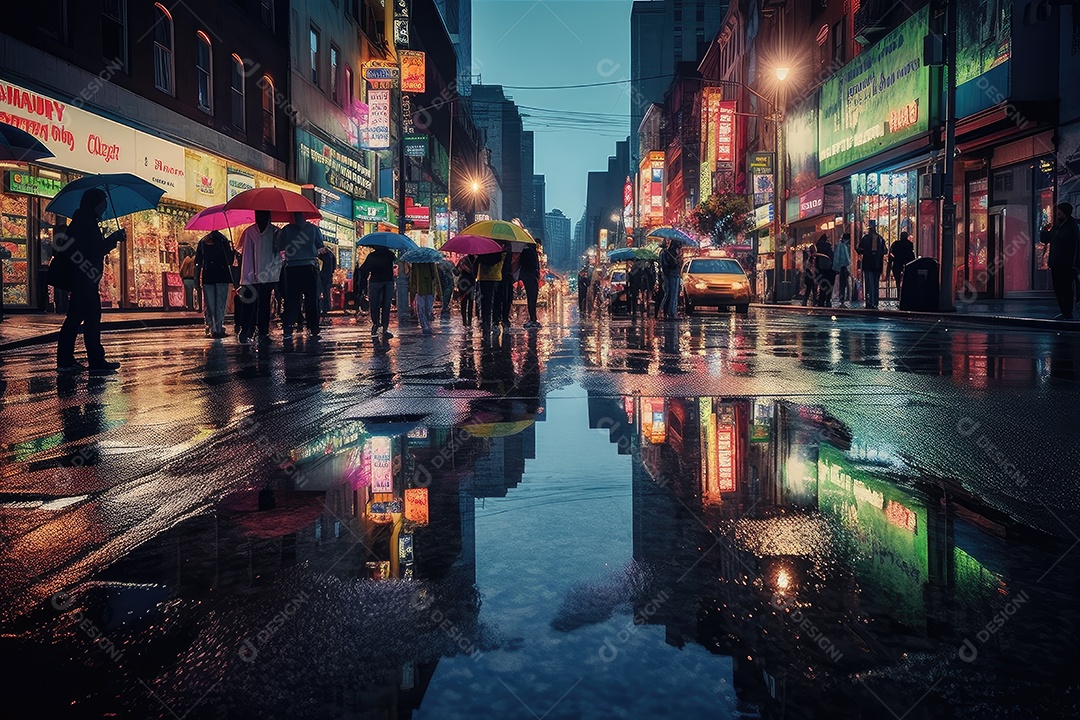 Cidade brilhante sob chuva noturna, reflexões vibrantes.