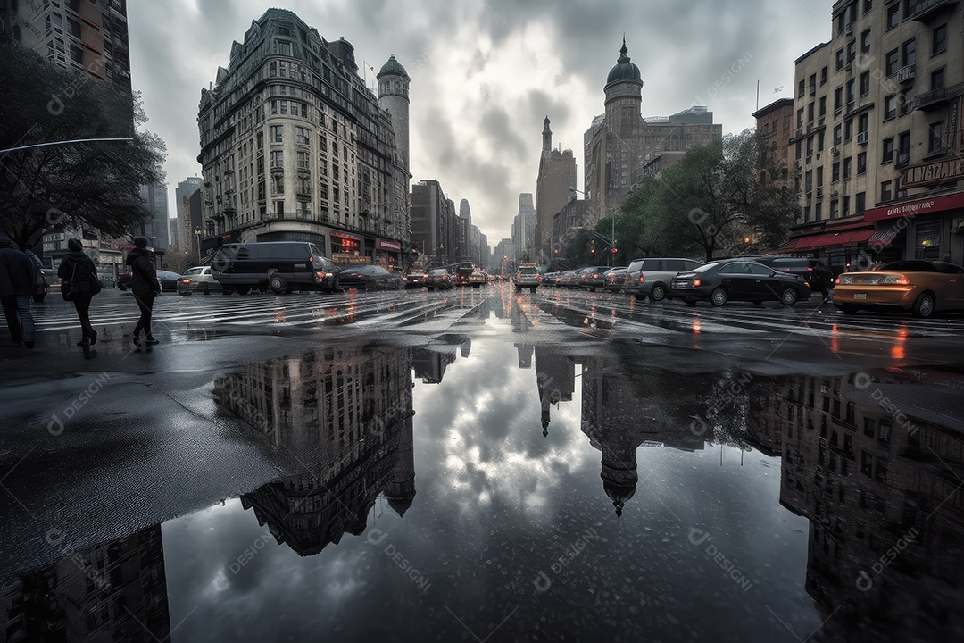 Cidade brilhante sob chuva noturna, reflexões vibrantes.