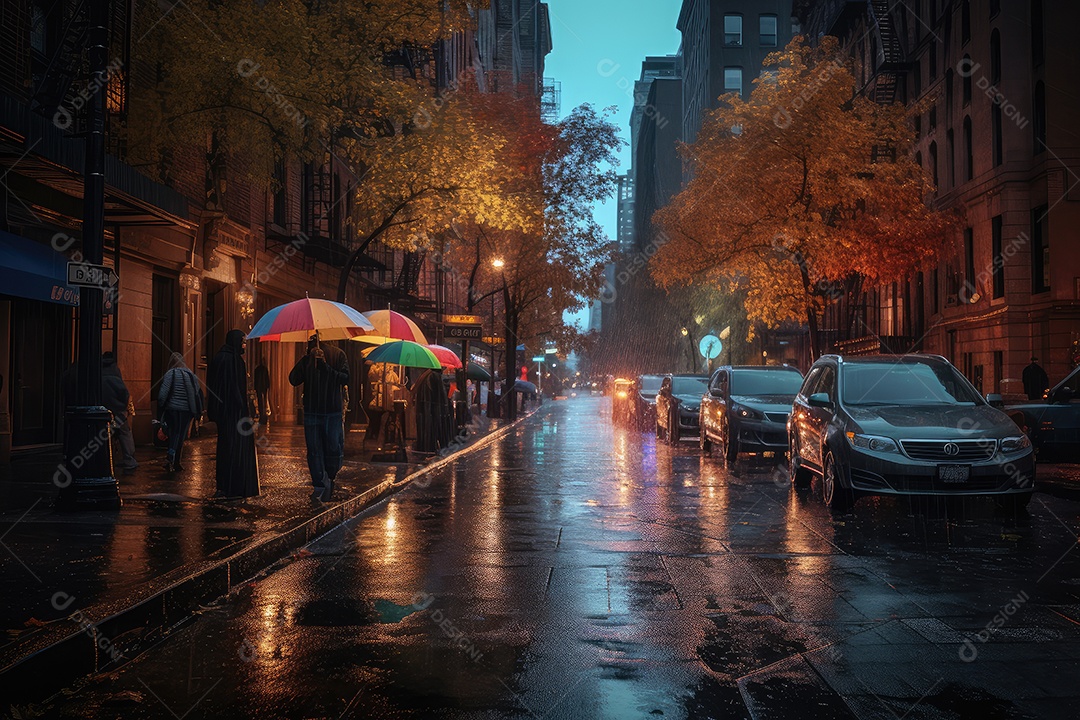 A cidade urbana ganha vida sob chuva noturna.