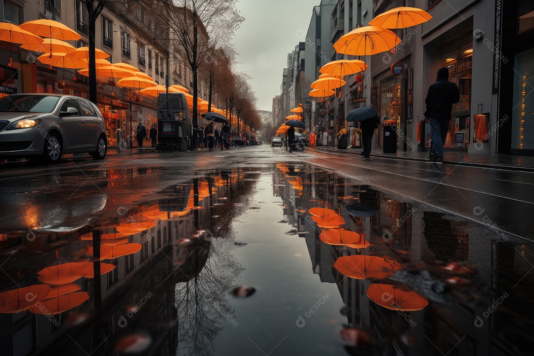 Cidade na chuva, reflexões da água, vida em movimento.