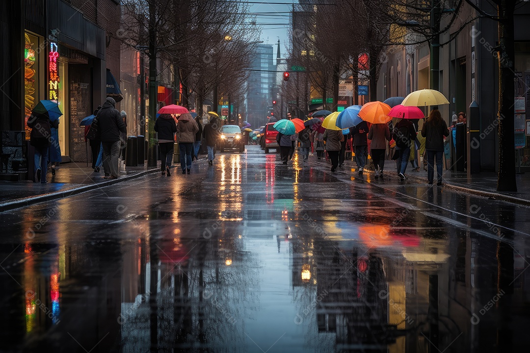 Cidade na chuva, reflexões da água, vida em movimento.