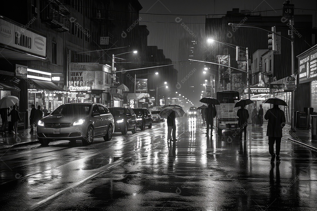 Cidade na chuva as ruas refletem luz, pessoas com guarda -chuvas. Atmosfera nostálgica e refrescante.