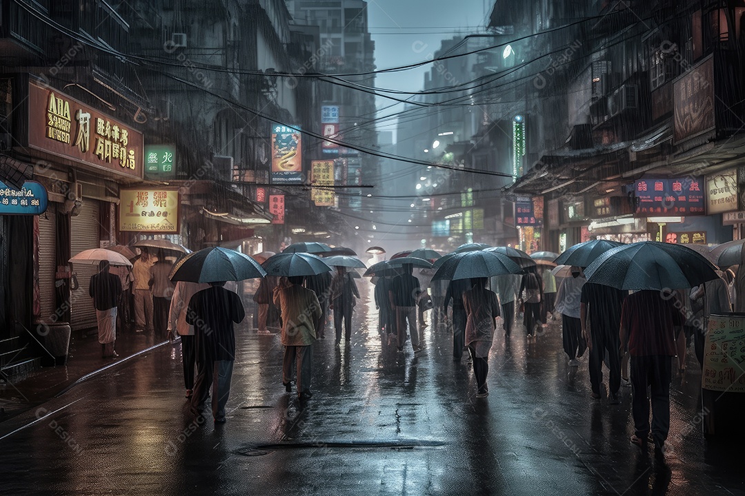 Cidade na chuva as ruas refletem luz, pessoas com guarda -chuvas. Atmosfera nostálgica e refrescante.