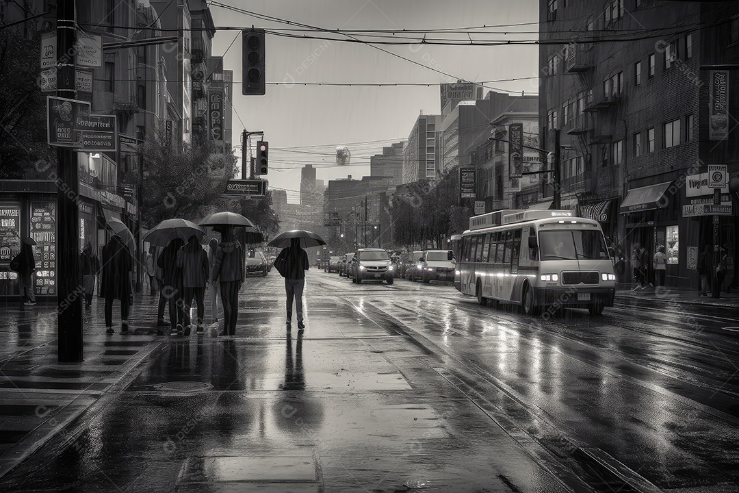 Cidade na chuva as ruas refletem luz, pessoas com guarda -chuvas. Atmosfera nostálgica e refrescante.