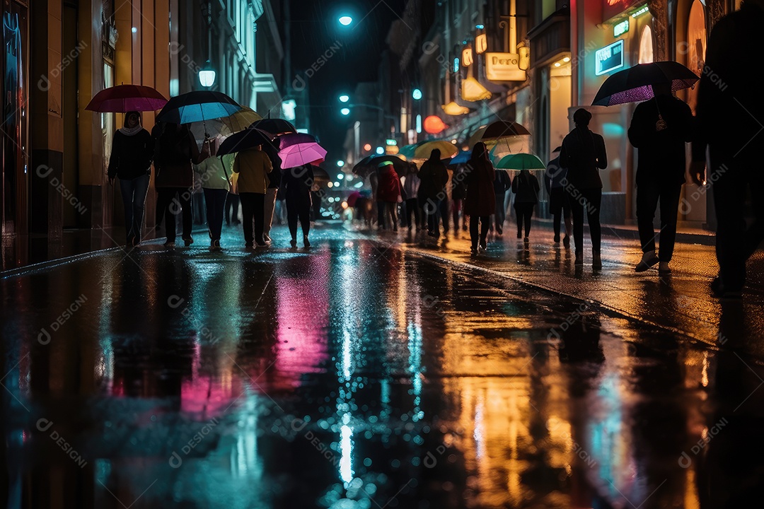 Noite chuvosa na cidade luzes, guarda -chuvas coloridos e reflexões urbanas.