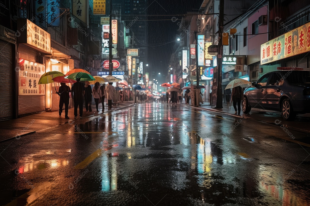 Cena noturna chuvosa reflexões urbanas, pessoas sob guarda -chuvas coloridas.