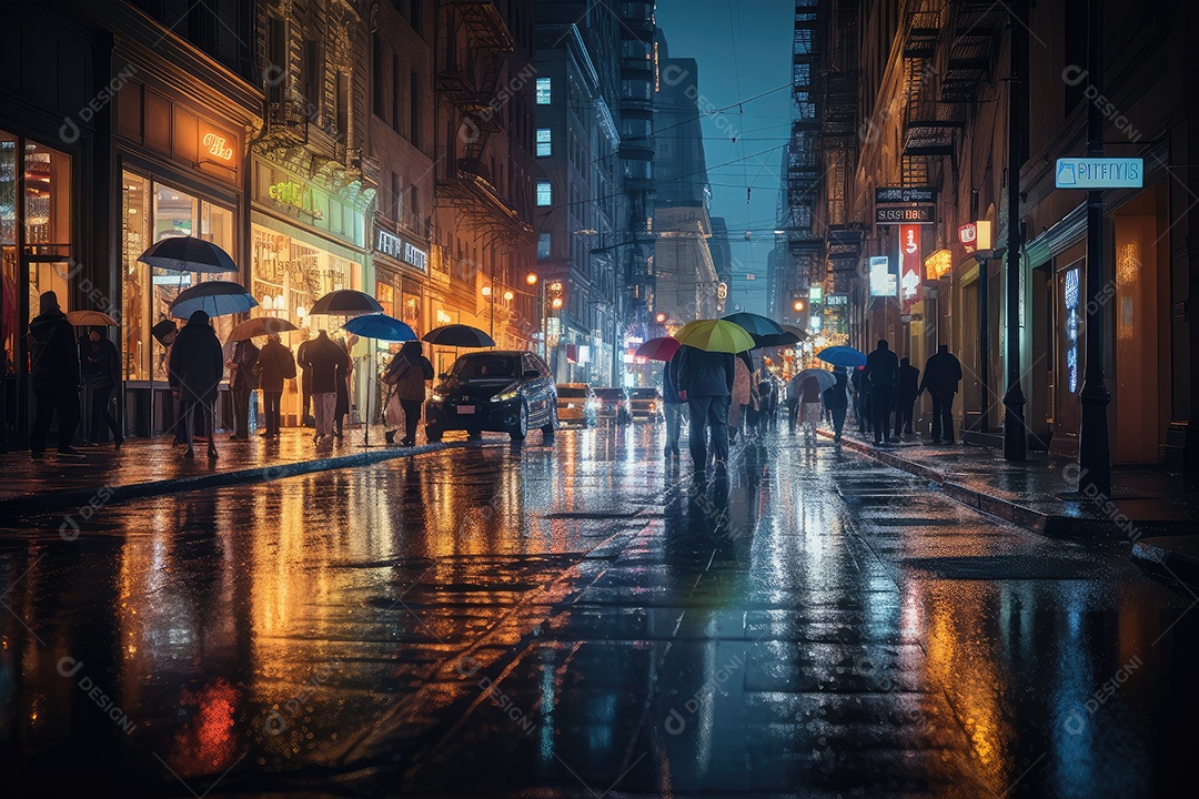 Cena noturna chuvosa reflexões urbanas, pessoas sob guarda -chuvas coloridas.