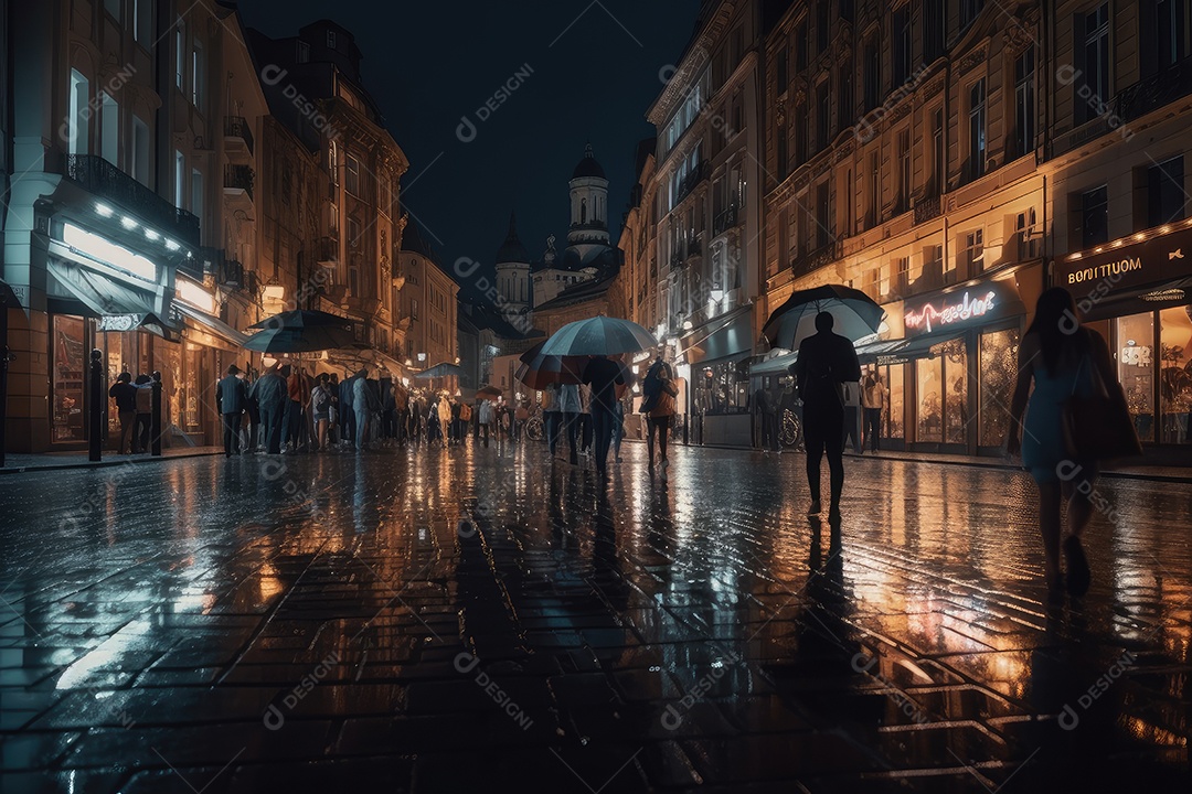 Cidade noturna sob forte chuva, reflexões em poças.