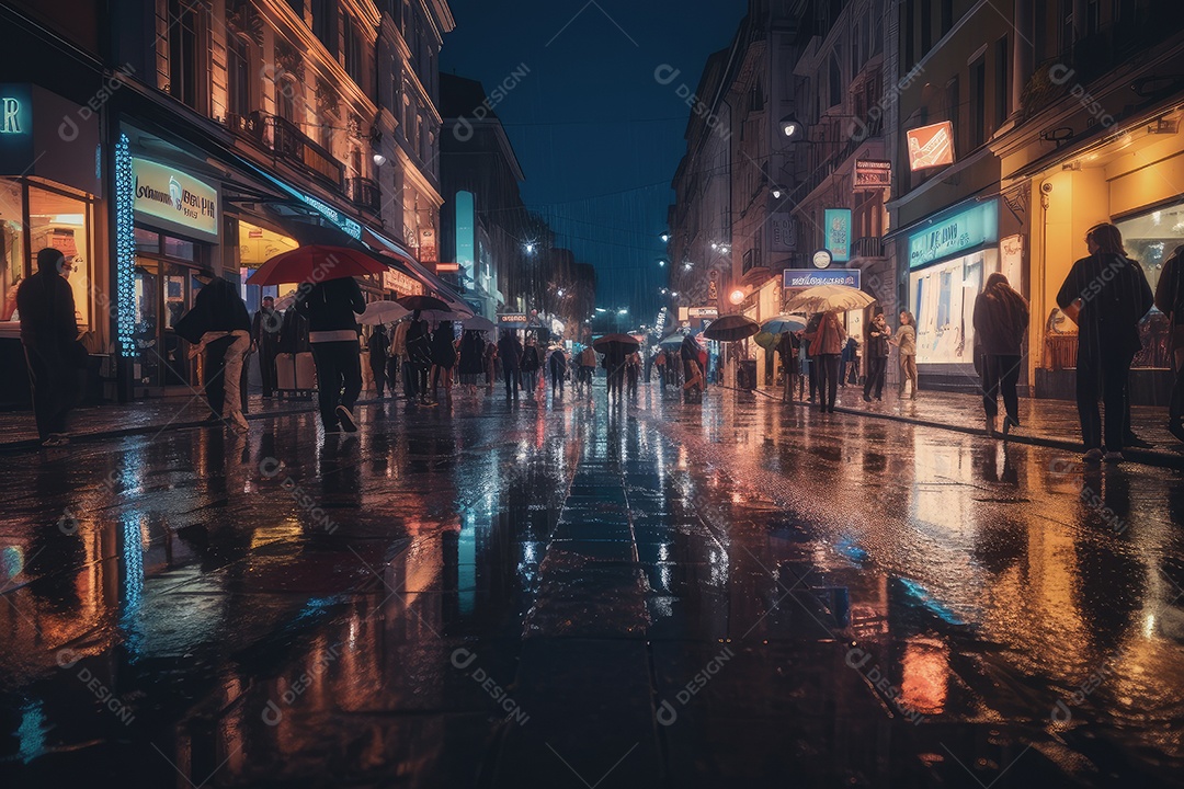 Cidade noturna sob forte chuva, reflexões em poças.