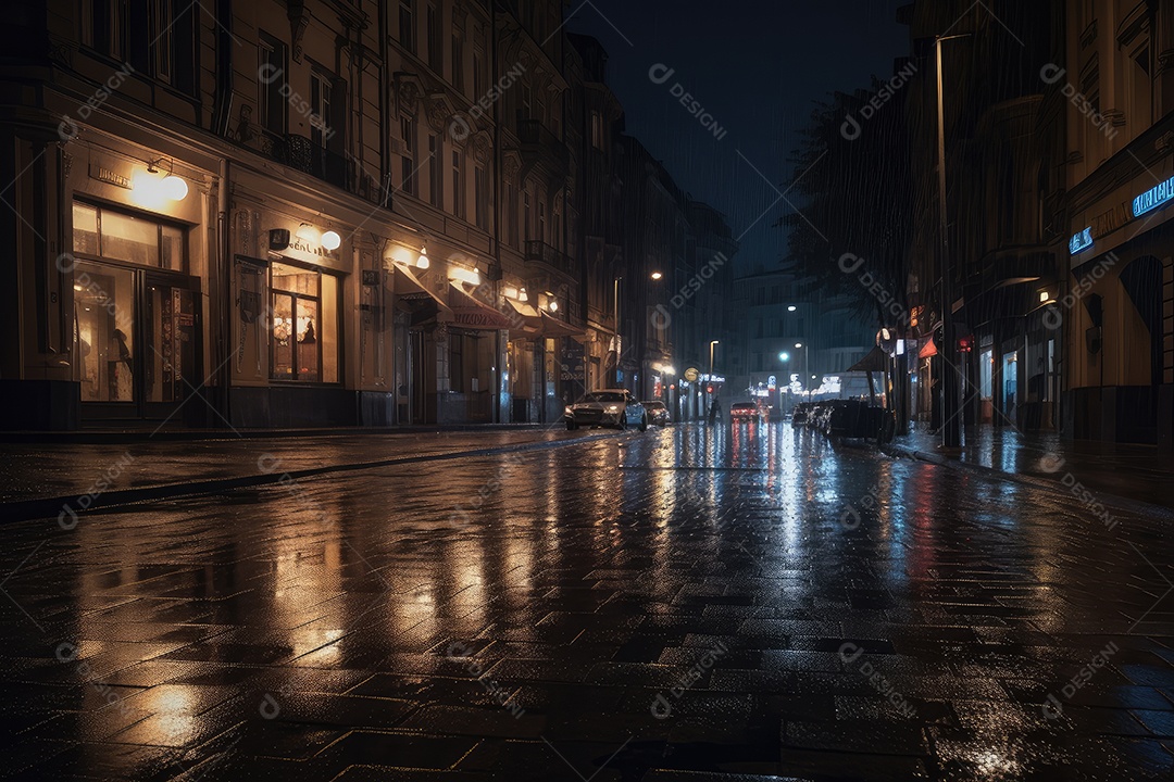 Night City ganha vida sob a chuva, refletindo luzes e movimento.