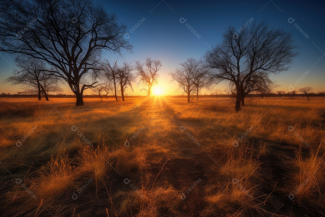 O sol poente pinta árvores e céu em tons dourados.