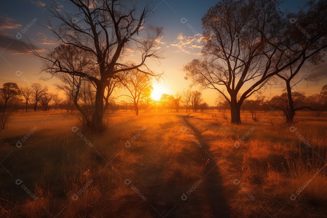 O sol poente pinta árvores e céu em tons dourados.