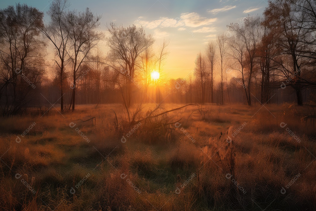 Ponter sol sobre o campo verde, o fluxo reflete a luz.