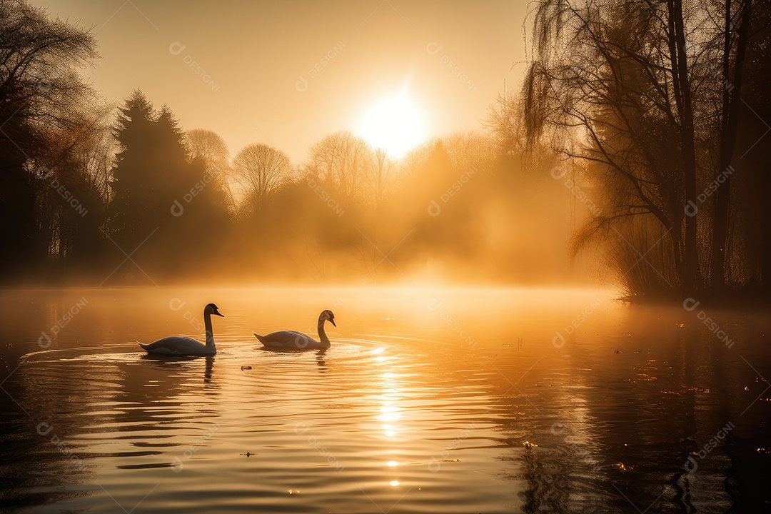Serene Dawn reflete sobre o lago, árvores e cisnes