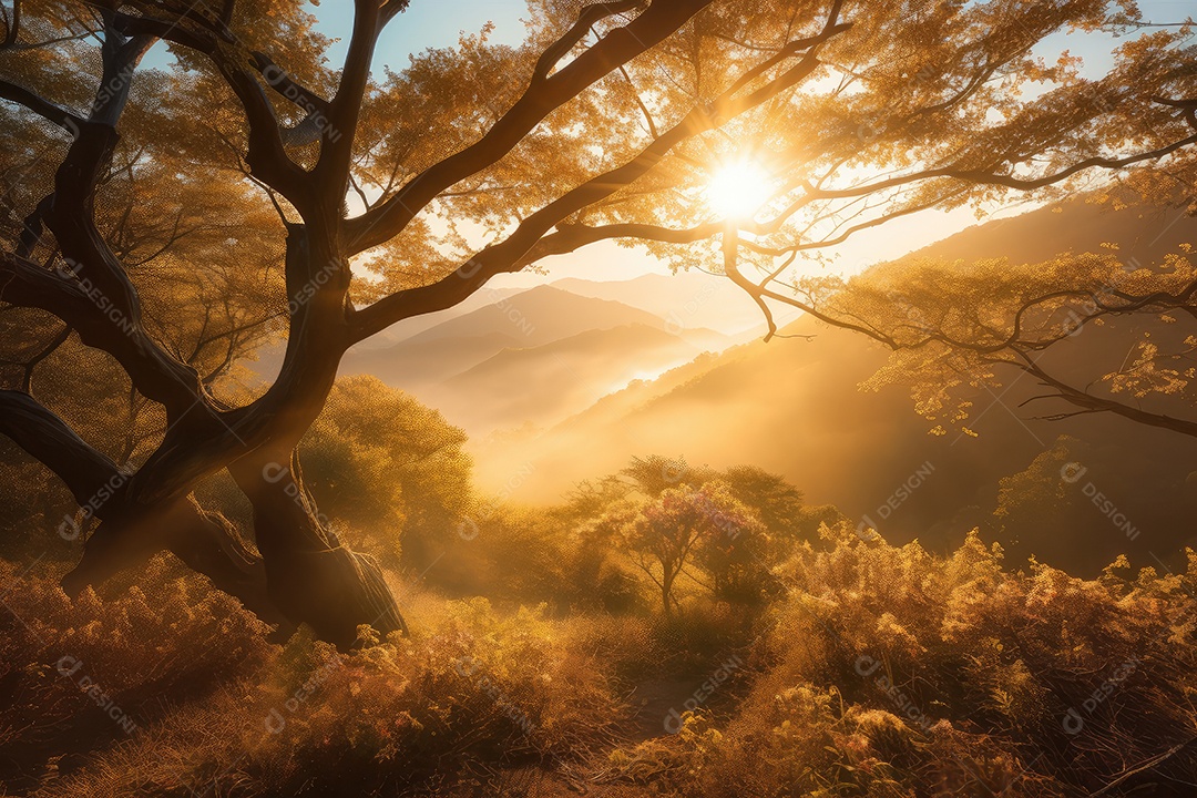 Golden Dawn ilumina a paisagem com sombras macias.