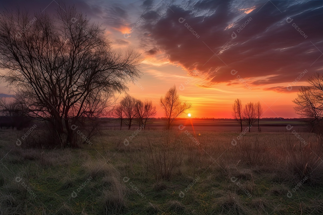 Cenário do país pôr do sol, sombras longas, céu colorido.