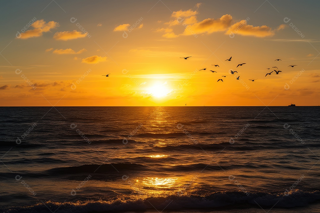 Pontando sol sobre o mar calmo, praia tranquila. As cores douradas refletem na água