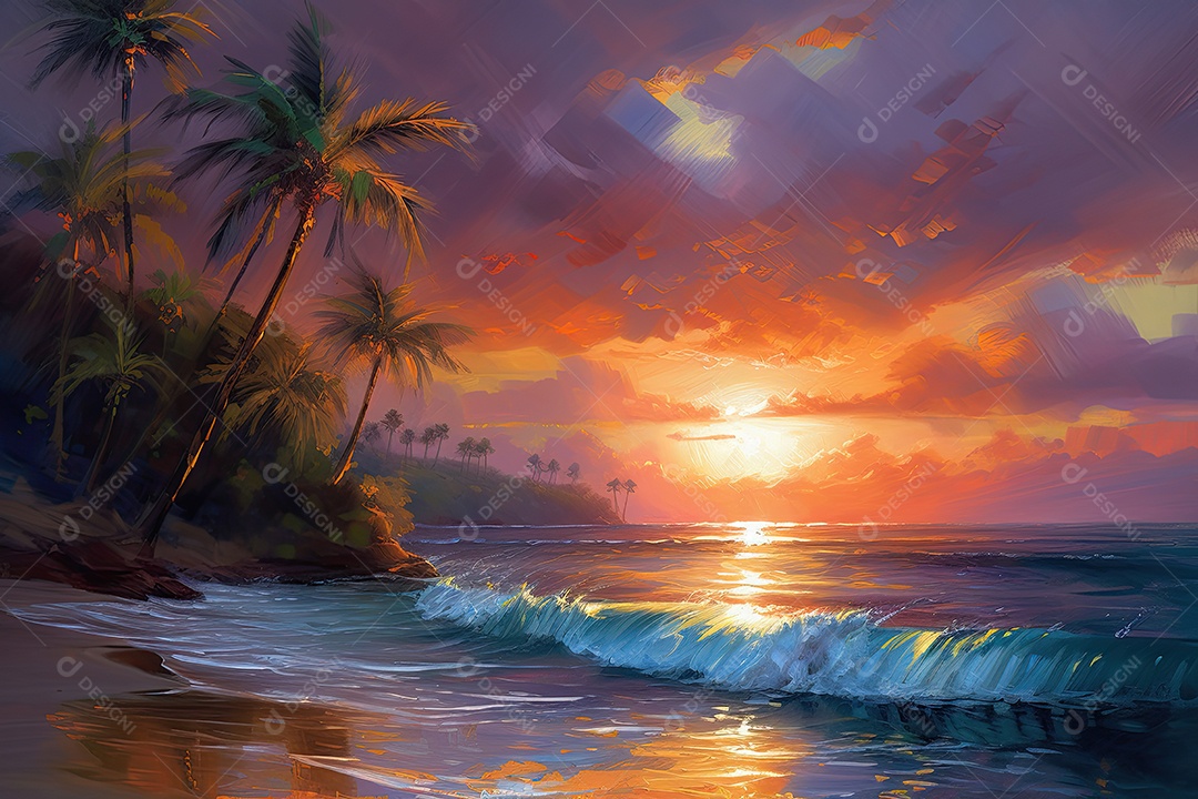 Paisagem de praia ao pôr do sol, cidade à beira -mar.