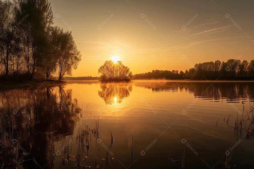 Paisagem dourada do pôr -do -sol sobre o lago e árvores tranquilas