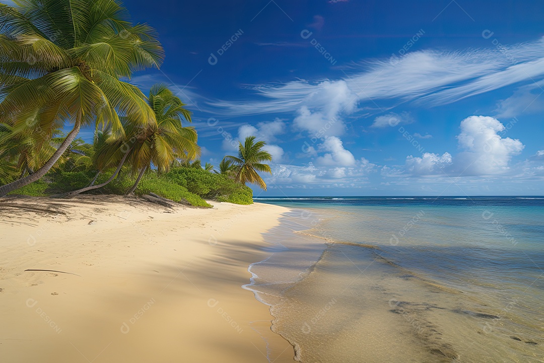 Paisagem serena praia dourada, mar calmo e palmeiras contra o céu azul