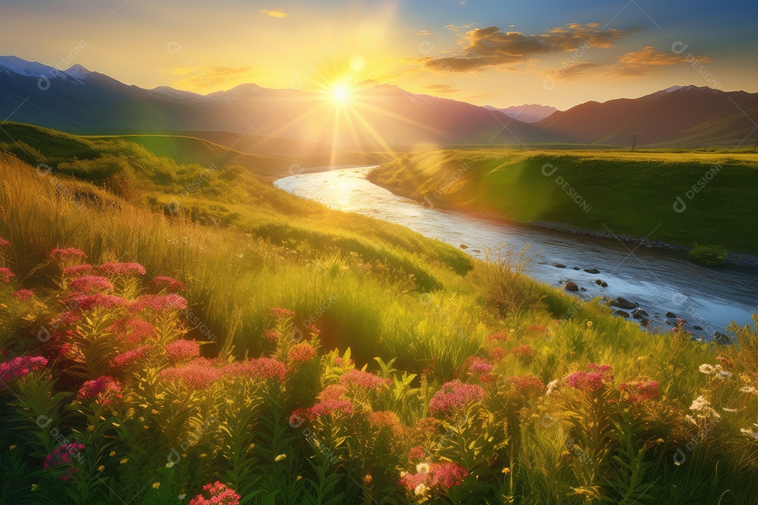 Sol radiante sobre campo florido, montanhas e rio sereno.