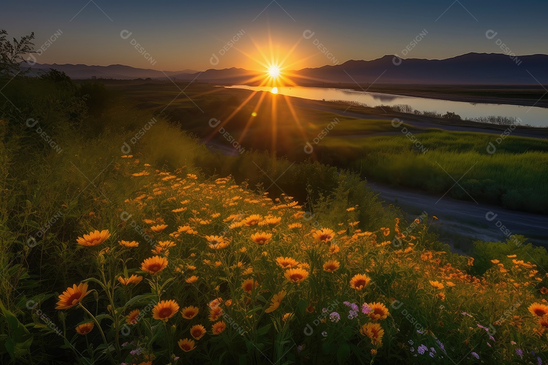 Sol radiante sobre campo florido, montanhas e rio sereno.