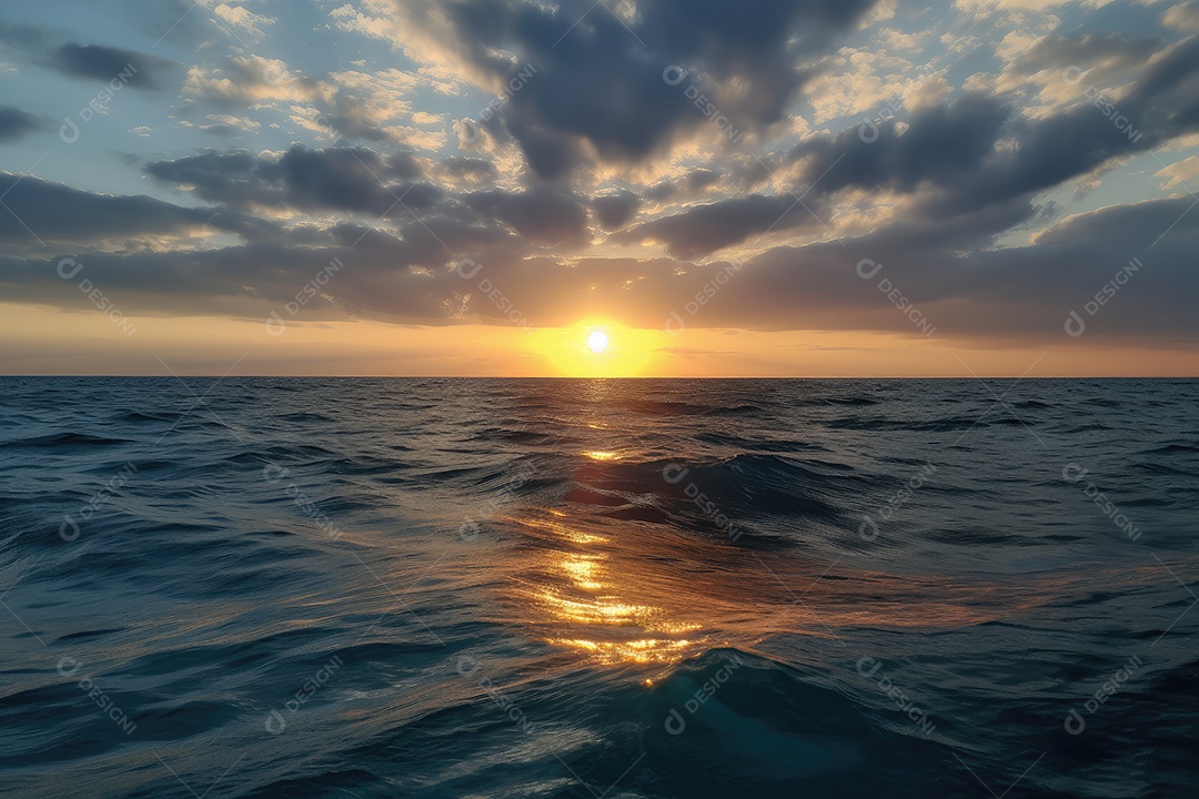 Sol radiante sobre o mar calmo, céu azul.