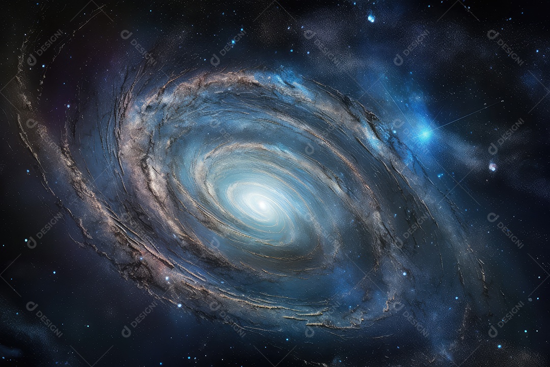 Galáxia em espiral, majestoso planeta, orbitando luas - cena cósmica intrigante e profunda.