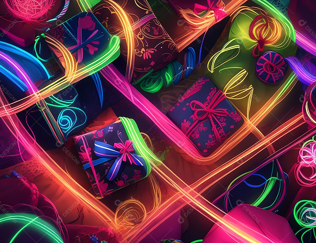 Fundo de cyber ​​​​monday com luzes de néon e presentes