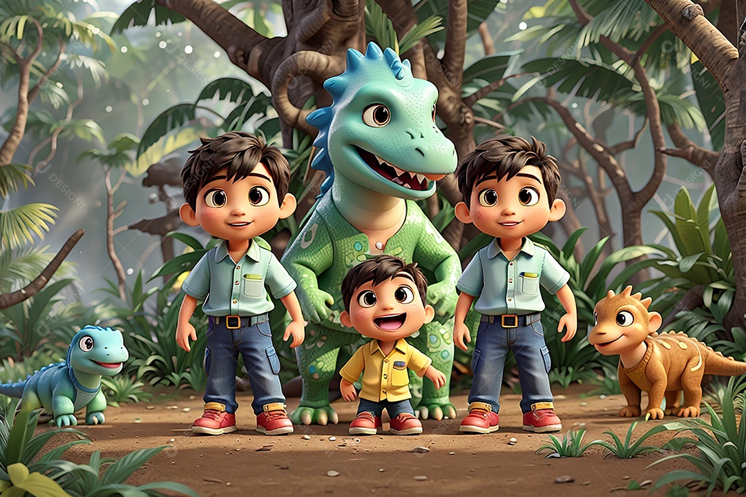 Crianças explorando na floresta com dinossauros vivos