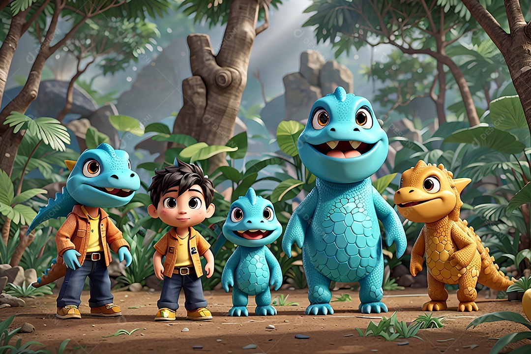 Criança explorando na floresta com dinossauros vivos