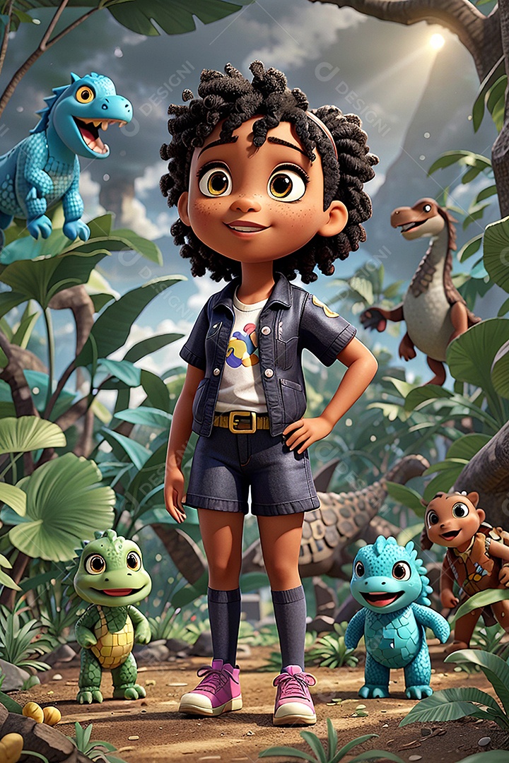 Criança explorando na floresta com dinossauros vivos