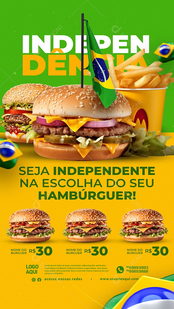 Story Hamburgueria Seja Independente na Escolha do Seu Hambúrguer do Dia da Independência do Brasil Social Media PSD Editável